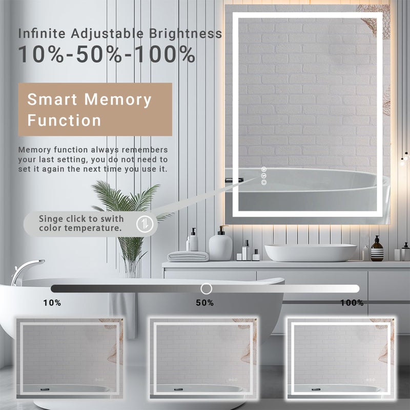 AFMMFA 24"x 32" LED Bathroom Mirror with Stepless Dimmable, Backlight Wall Mirrors with Anti-Fog Bathroom Digital Mirror for Wall, 3 Color Modes, Memory Function Smart Mirror - Image 4