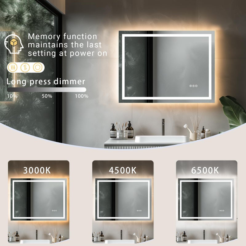 AFMMFA 24"x 32" LED Bathroom Mirror with Stepless Dimmable, Backlight Wall Mirrors with Anti-Fog Bathroom Digital Mirror for Wall, 3 Color Modes, Memory Function Smart Mirror - Image 2