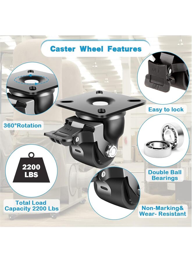 4PCS Swivel Caster Wheels Heavy Duty, Low Gravity Center Black Extra Width Caster with Brake, Rubbered Wheels Suitable for Furniture, Flower Stands, Cribs  - Image 3