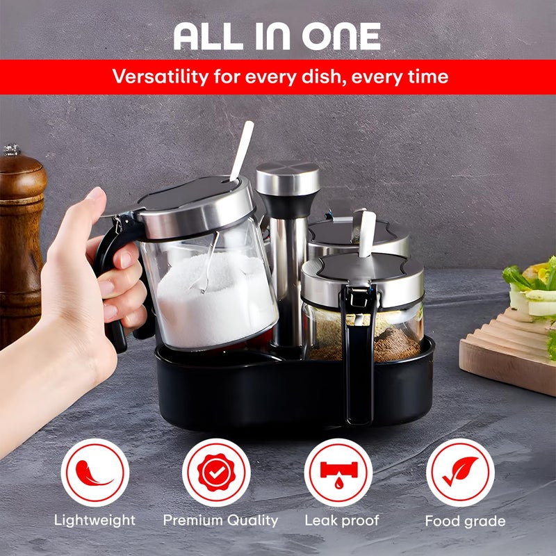 PRIME PICK أواني توابل دوارة من PRIME PICK لملح الفلفل مع غطاء وملاعق مجموعة من 4 أواني زجاجية منظم مخلل مع صينية دوارة 360 للطبخ 4 أواني - Image 2