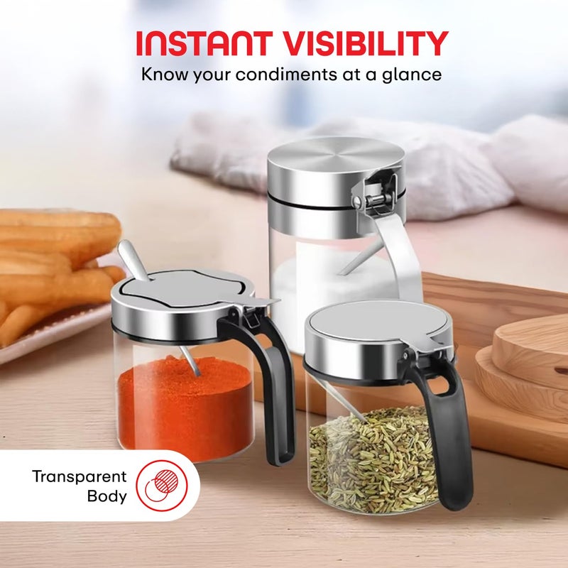PRIME PICK أواني توابل دوارة من PRIME PICK لملح الفلفل مع غطاء وملاعق مجموعة من 4 أواني زجاجية منظم مخلل مع صينية دوارة 360 للطبخ 4 أواني - Image 4