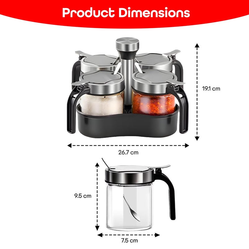 PRIME PICK أواني توابل دوارة من PRIME PICK لملح الفلفل مع غطاء وملاعق مجموعة من 4 أواني زجاجية منظم مخلل مع صينية دوارة 360 للطبخ 4 أواني - Image 3