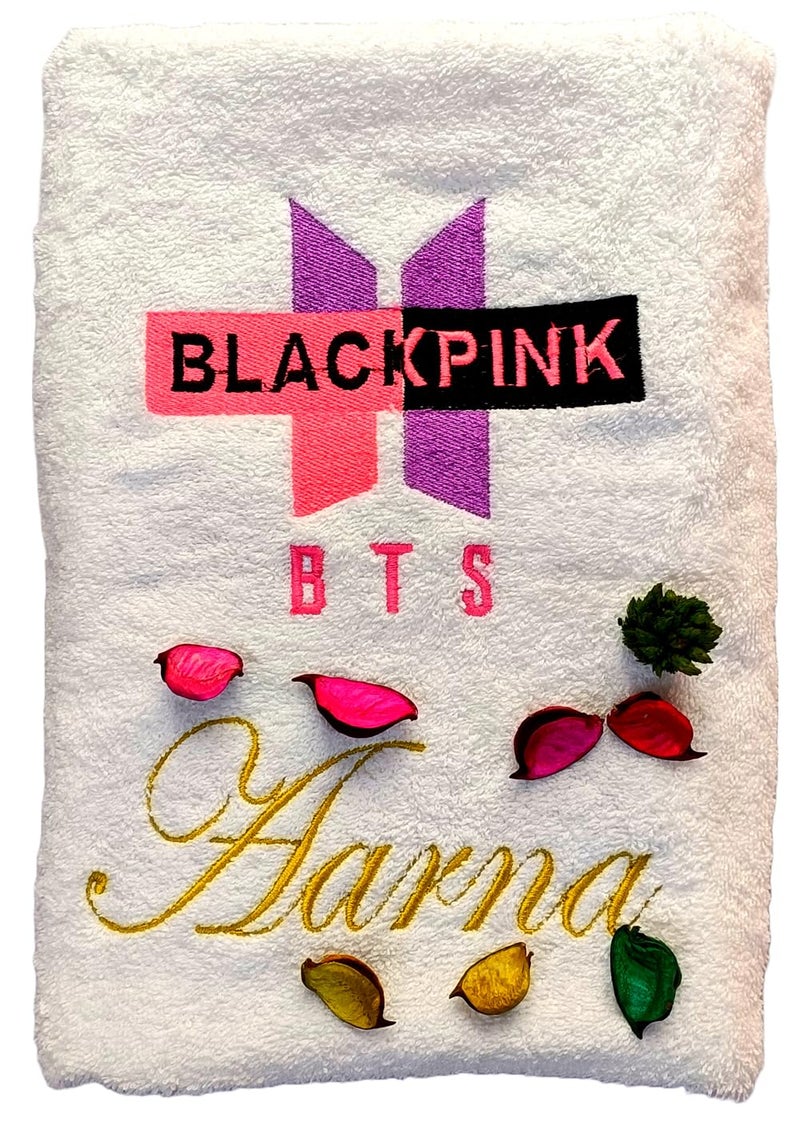 TurtleLittle Cotton BTS Black Pink Korean Rock Band Personalised Kids Bath Towel 500 GSM Set of 1 White - Image 1