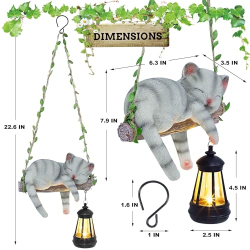 ZaaYee Solar Lighted Garden Outdoor Statue 226 H Hanging Swing Lying with A Sleeping Cat and A LED Lantern Resin Animal Figurine Hanging Ornaments with Hook for Decoration Gift - Image 3
