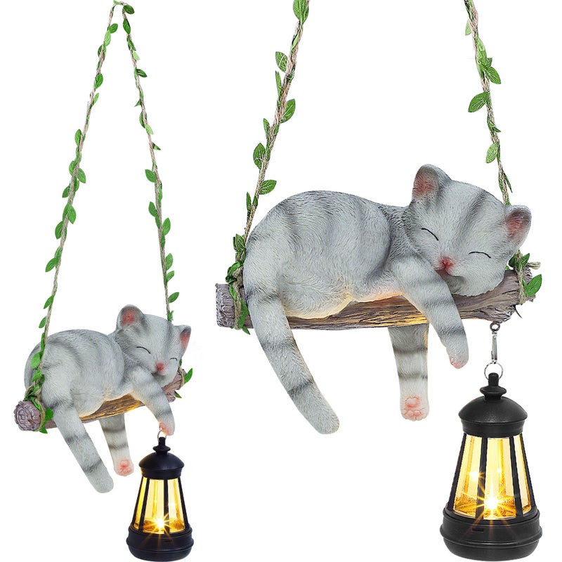 ZaaYee Solar Lighted Garden Outdoor Statue 226 H Hanging Swing Lying with A Sleeping Cat and A LED Lantern Resin Animal Figurine Hanging Ornaments with Hook for Decoration Gift - Image 2