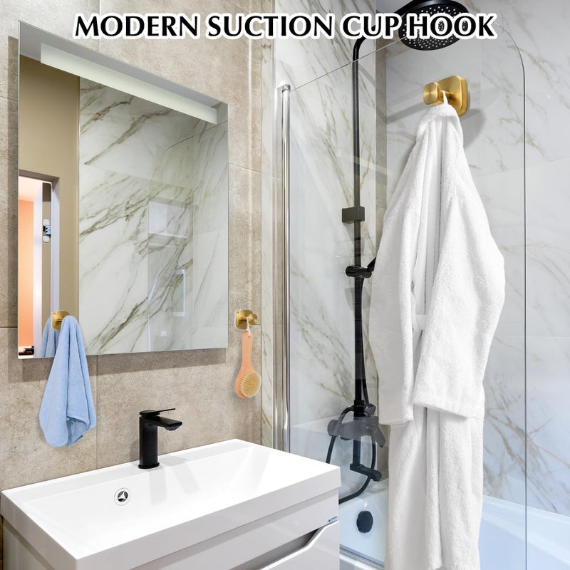 warlve Suction Cup Hooks for Shower - Reusable No-Drill Mounting - Hooks for Towels, Robes & Loofah on Metal, Glass, Mirrors, Tile & Smooth Non-Porous Surfaces (4, Brushed Gold) - Image 5