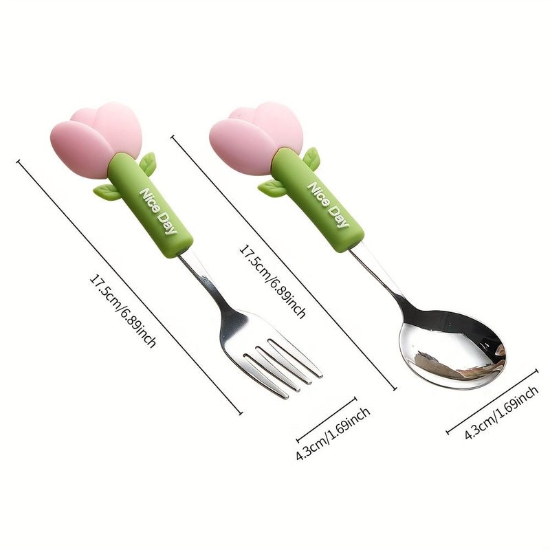 4pcs Silicone Handle Fork And Spoon Set Yellow For Travel Camping Kitchen - Image 3