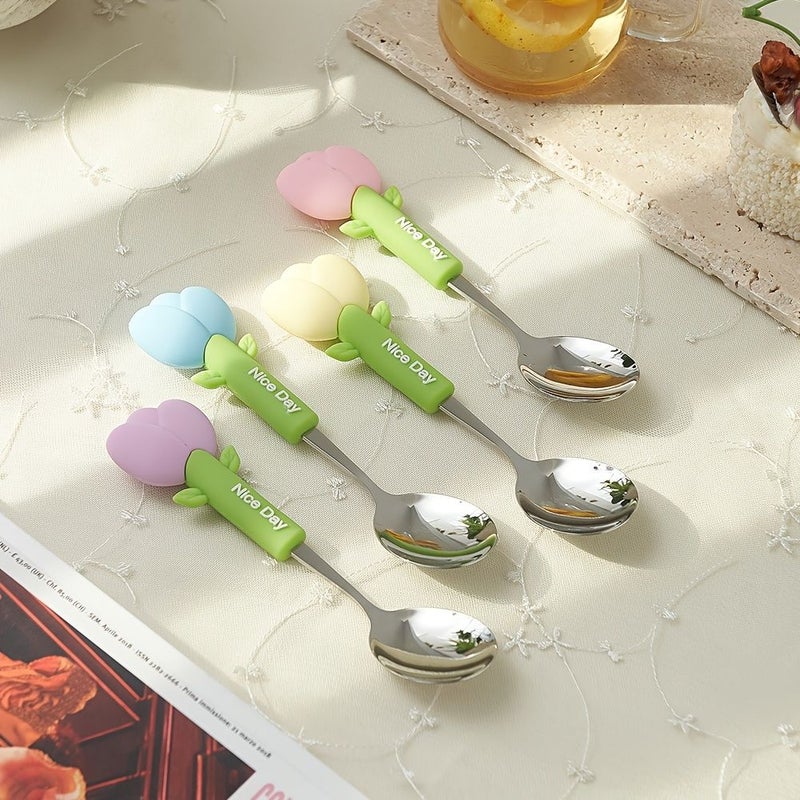 4pcs Silicone Handle Fork And Spoon Set Yellow For Travel Camping Kitchen - Image 4