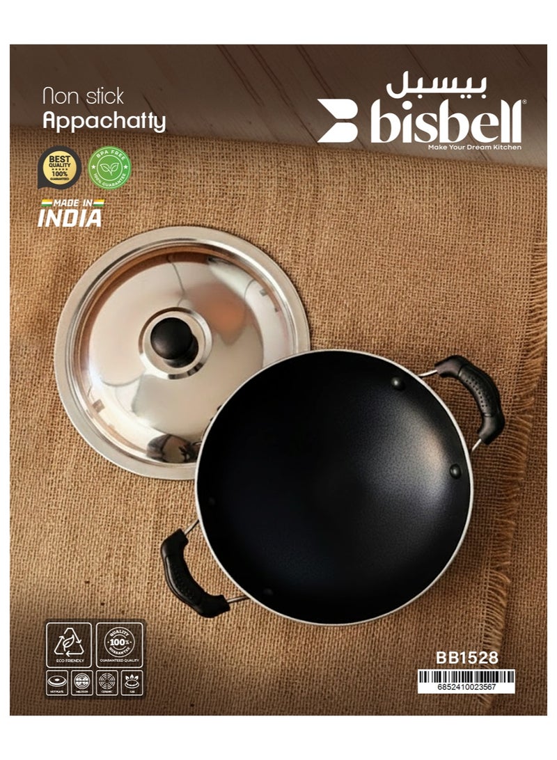 Bisbell Non-Stick Appachatty with Lid Die-Cast Aluminium Granite Coating Kadai Cool Touch Handles Easy Clean Wok Pan Black - Image 1
