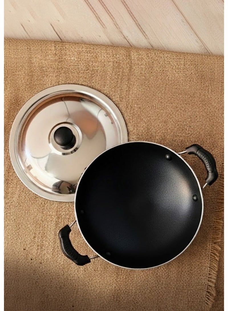 Bisbell Non-Stick Appachatty with Lid Die-Cast Aluminium Granite Coating Kadai Cool Touch Handles Easy Clean Wok Pan Black - Image 3