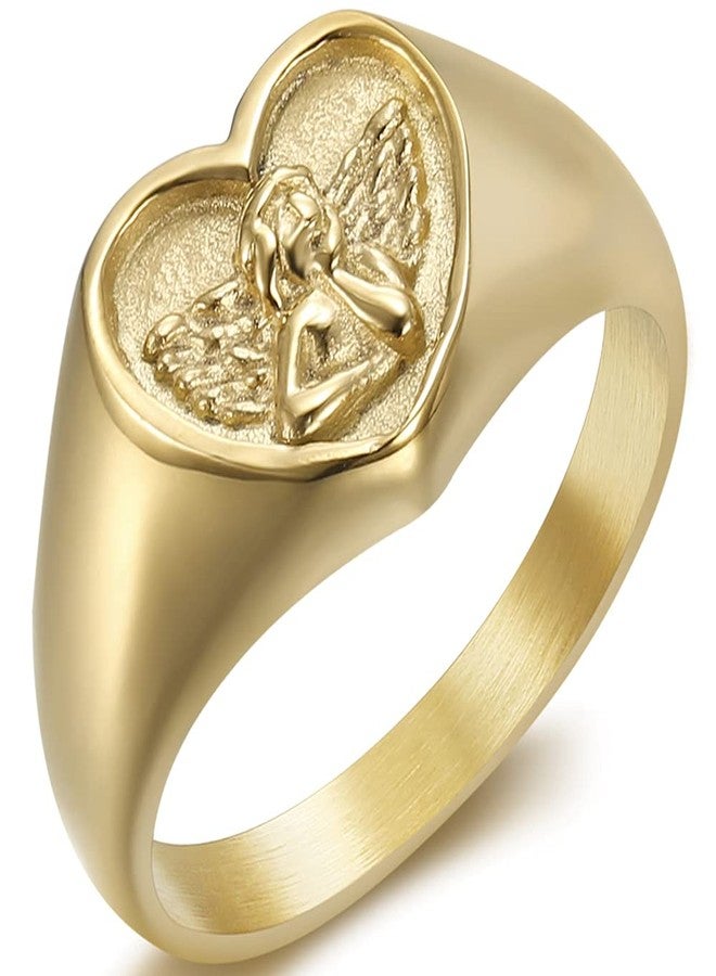 Jude Jewelers Stainless Steel Heart Shaped Signet Style Angel Pattern Statement Promise Wedding Ring (Gold, 7) - Image 1