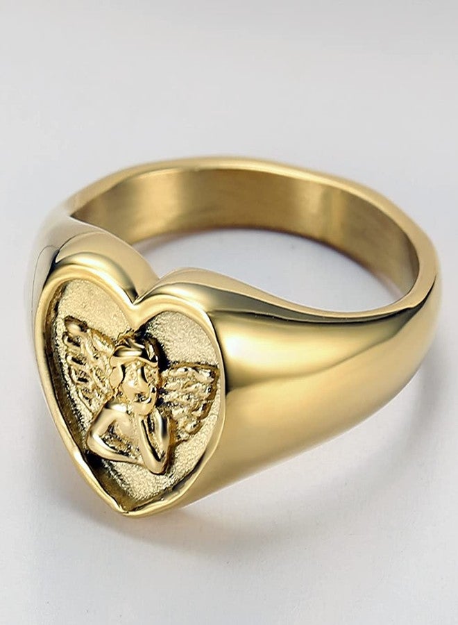 Jude Jewelers Stainless Steel Heart Shaped Signet Style Angel Pattern Statement Promise Wedding Ring (Gold, 7) - Image 2