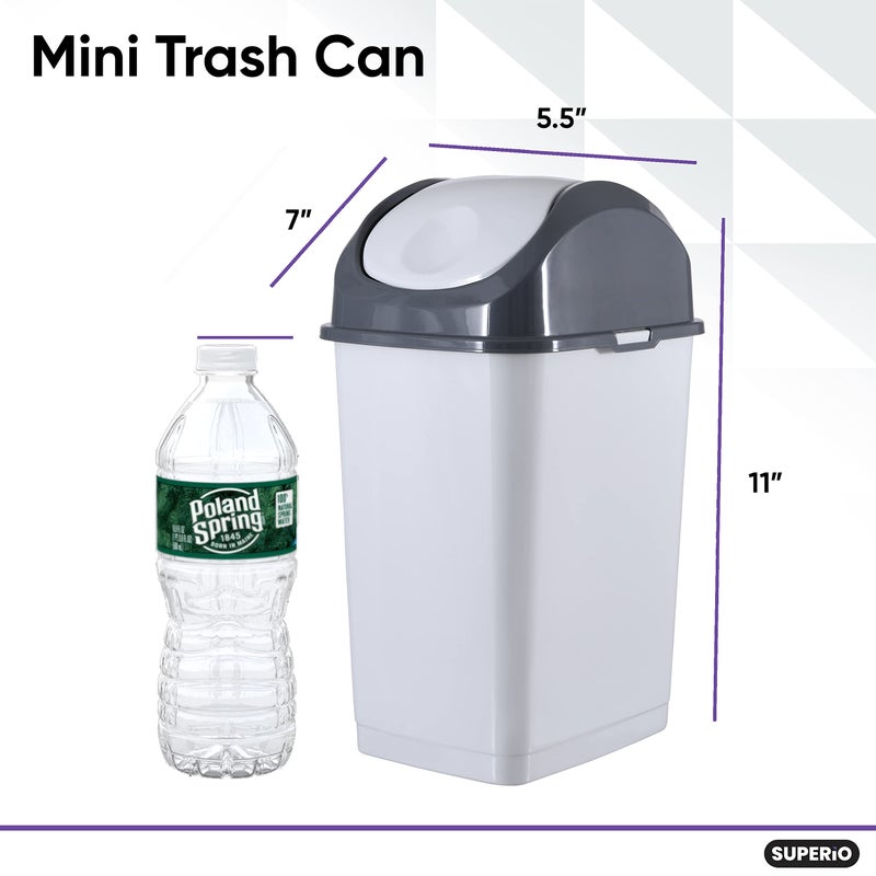 Superio Mini Desktop Trash Can with Swing Top Lid Portable Plastic Garbage Can for Countertop, Desktop, Make up Vanity, Bathroom, Car, Under Sink, Dorm Compact Waste Bin 5 L 1.25 Gal (2, Smoke/Grey) - Image 2