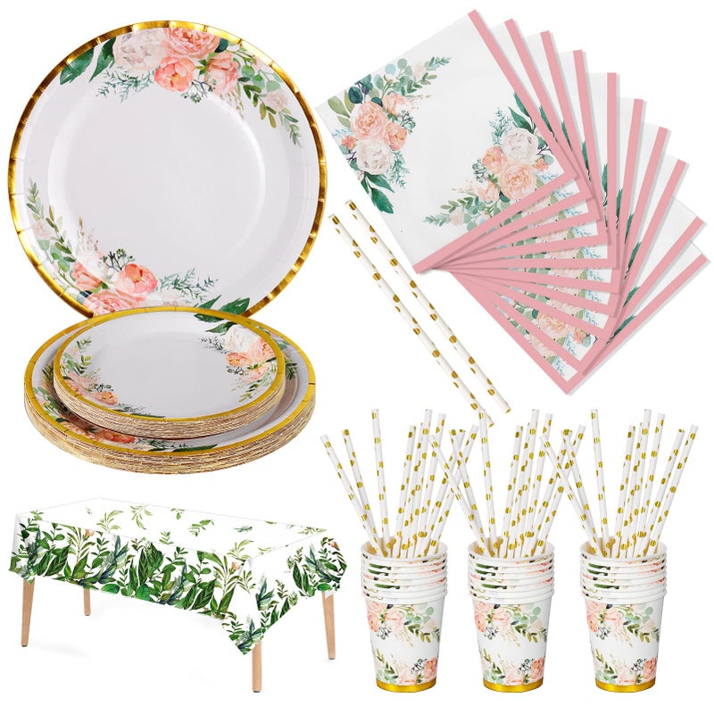 Nkaiso Party Tableware Set Flower Birthday Party Supplies 126 pcs Paper Plates and Napkins Cups Flower Plates Napkins and Straws for Engagement Wedding Baby Shower 25 Guests