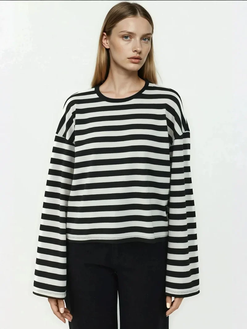 HICCUP Striped Viscose Blended Long Sleeve Top