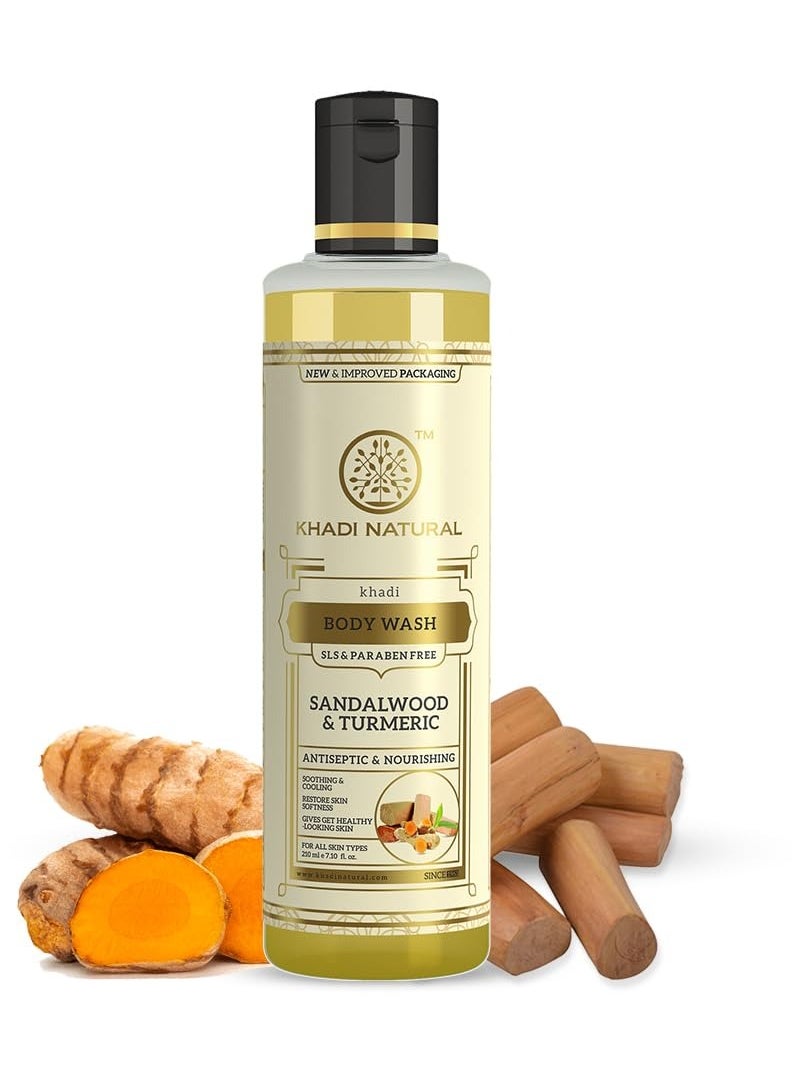 Khadi Natural Khadi Natural Sandal and Turmeric Herbal Body Wash Herbal Body Wash for Healthy and Clear Skin Body Wash for Reducing Tanning Paraben and SLS Free Suitable for All Skin Types 210ml  - Image 1