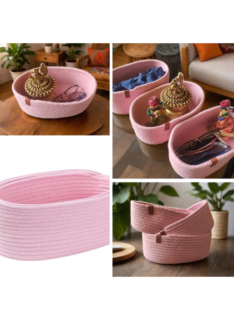 Generic Bhumatha Oval Shaped jute Rope Woven Baskets, Elegant Desk Organizer Storage Bins, Fabric Bins For Cosmetics, Snacks & Keys, Decorative Boat-Shaped Baskets (pink, Set of All 3 Sizes (S,M & L))  - Image 4