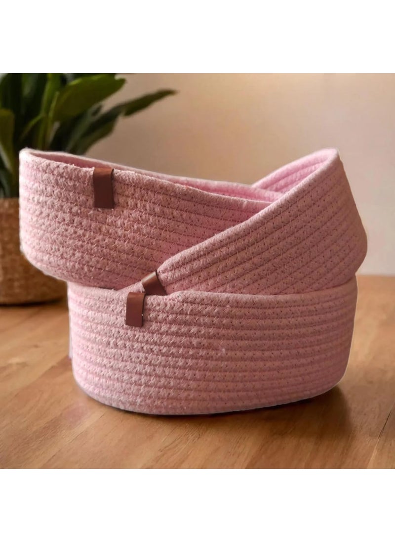 Generic Bhumatha Oval Shaped jute Rope Woven Baskets, Elegant Desk Organizer Storage Bins, Fabric Bins For Cosmetics, Snacks & Keys, Decorative Boat-Shaped Baskets (pink, Set of All 3 Sizes (S,M & L))  - Image 1