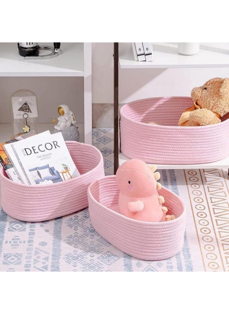 Generic Bhumatha Oval Shaped jute Rope Woven Baskets, Elegant Desk Organizer Storage Bins, Fabric Bins For Cosmetics, Snacks & Keys, Decorative Boat-Shaped Baskets (pink, Set of All 3 Sizes (S,M & L))  - Image 2