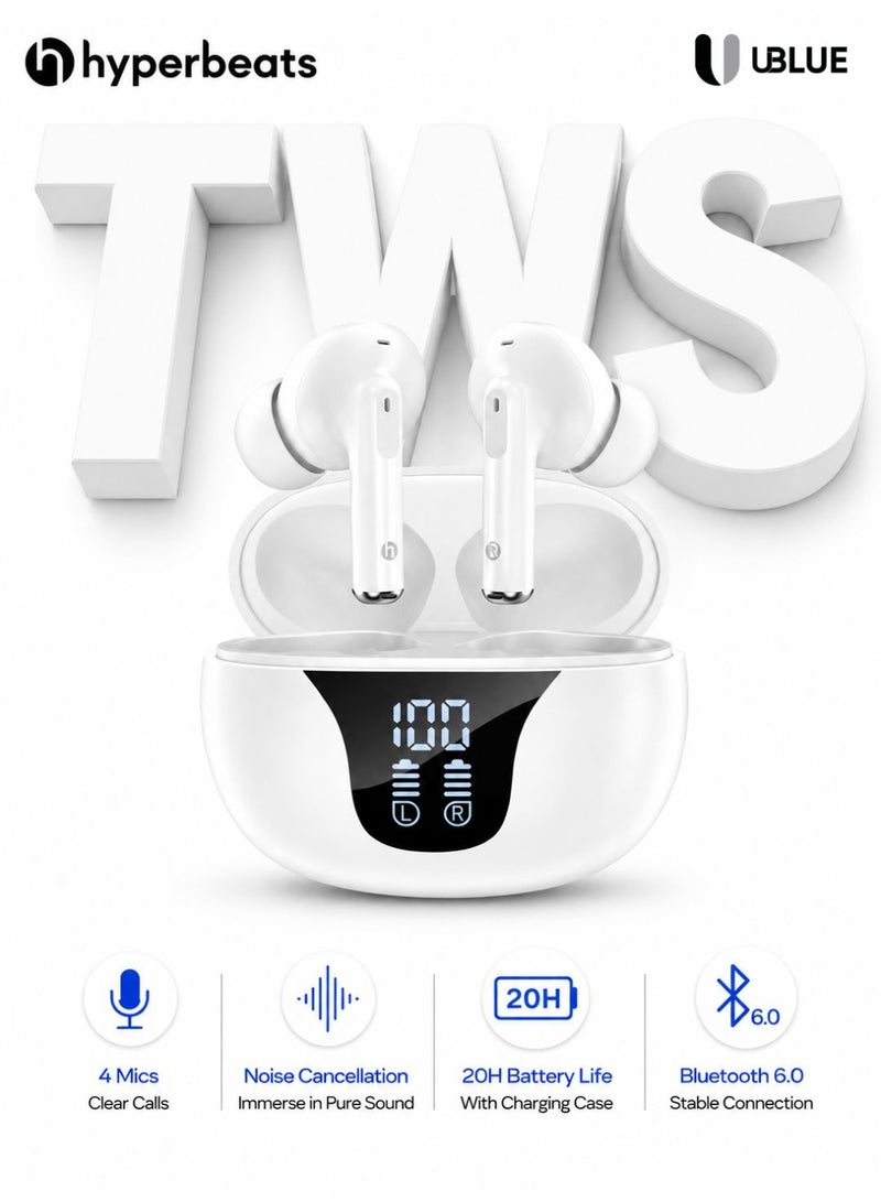 يوبلو سماعات أذن UBLUE Hyperbeats، سماعات أذن لاسلكية (TWS)، بلوتوث 6.0، مشغلات صوتية 13 مم، عمر بطارية يصل إلى 5 ساعات (عند مستوى صوت 50%)، داخل الأذن، أبيض - Image 1