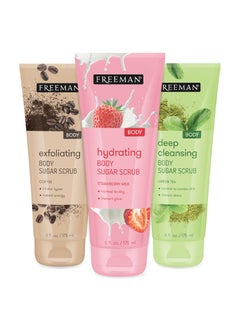 Freeman Sugar Body Scrub Set Strawberry Milk Green Tea and Coffee Body Scrubs Hydrating Exfoliating  DeepCleansing Skincare Removes Dirt Oil  Impurities SelfTan Prep 3 Count