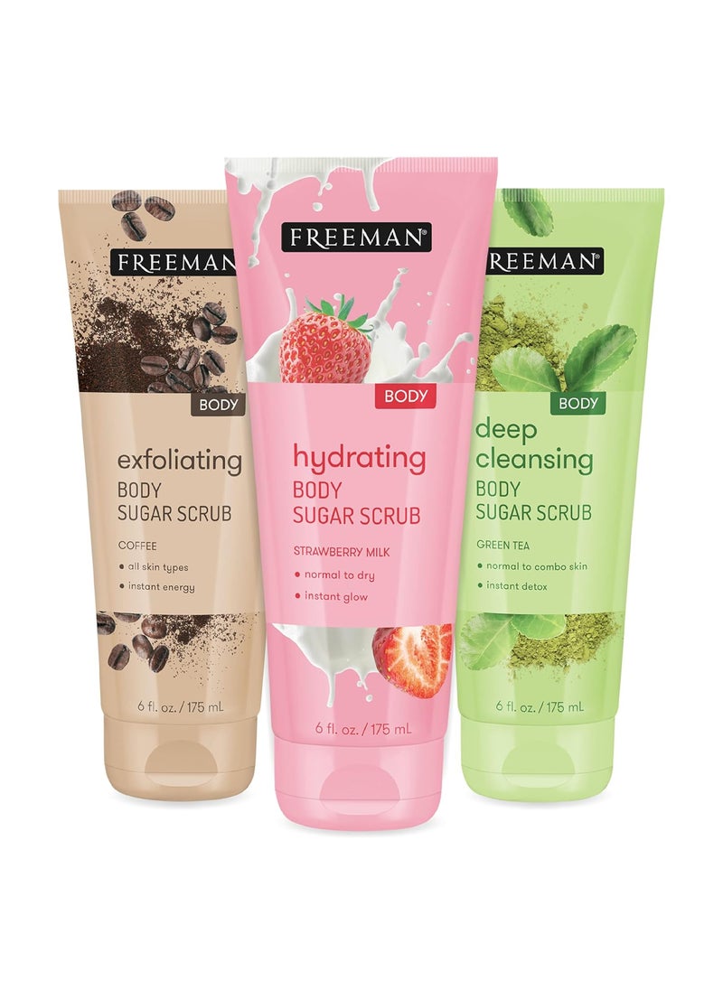 Freeman - Freeman Sugar Body Scrub Set Strawberry Milk Green Tea and Coffee Body Scrubs Hydrating Exfoliating  DeepCleansing Skincare Removes Dirt Oil  Impurities SelfTan Prep 3 Count - Image 1