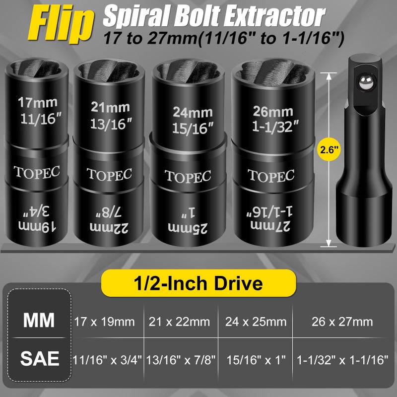 Topec Flip Edition Lug Nut Remover, 5 Piece Wheel Lock Removal Kit for Removing Stripped, Damaged, Frozen, Rusted, Rounded-Off Bolts, Nuts & Screws and Other Fasteners, Double Size Extractor Socket - Image 2