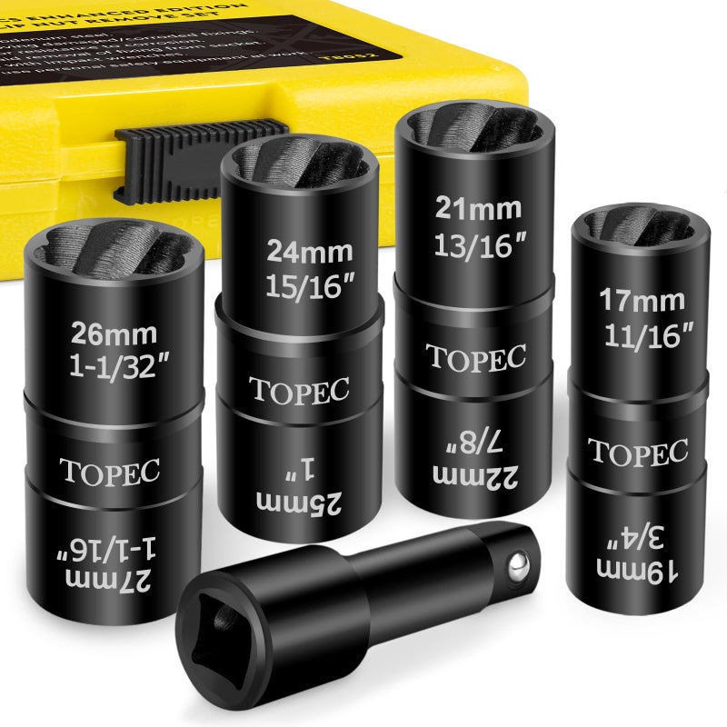 Topec Flip Edition Lug Nut Remover, 5 Piece Wheel Lock Removal Kit for Removing Stripped, Damaged, Frozen, Rusted, Rounded-Off Bolts, Nuts & Screws and Other Fasteners, Double Size Extractor Socket - Image 1