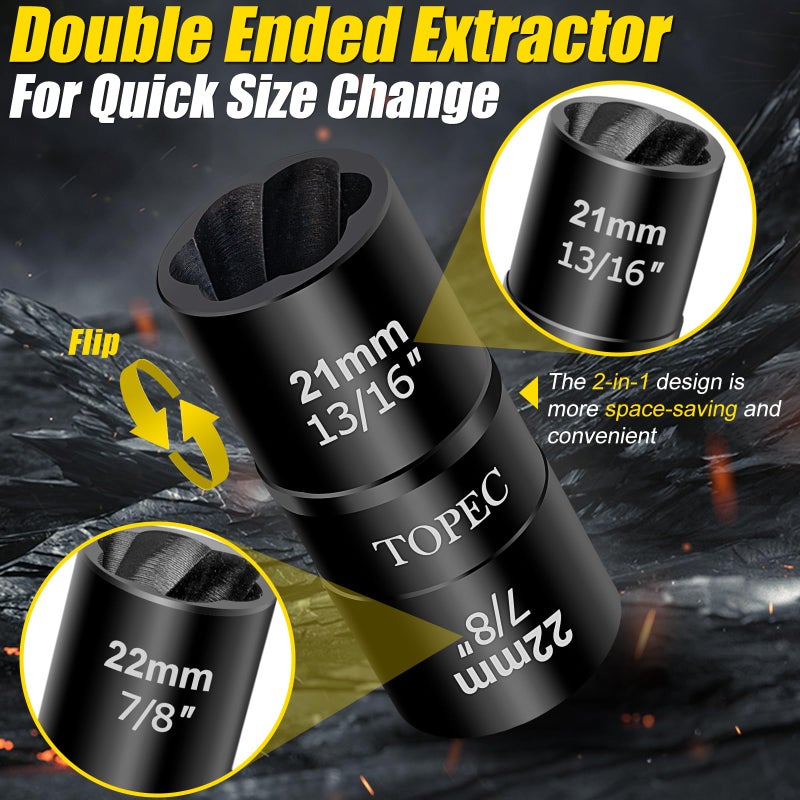 Topec Flip Edition Lug Nut Remover, 5 Piece Wheel Lock Removal Kit for Removing Stripped, Damaged, Frozen, Rusted, Rounded-Off Bolts, Nuts & Screws and Other Fasteners, Double Size Extractor Socket - Image 3