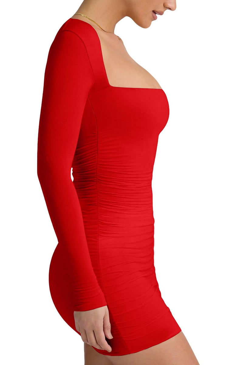 LCNBA Women's Long Sleeve Square Neck Ruched Bodycon Mini Dress Red Small - Image 2