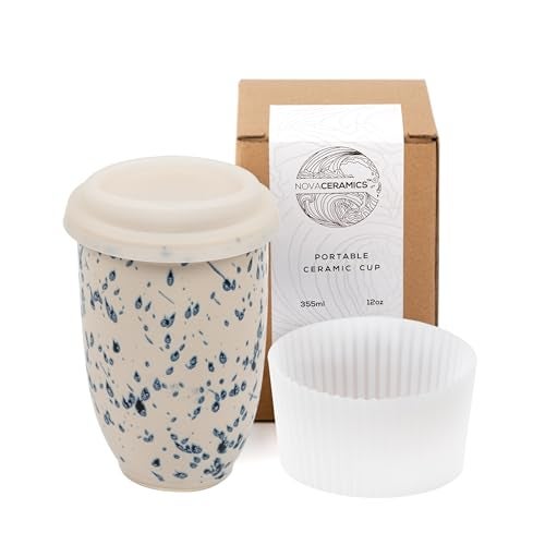 NOVA CERAMICS Travel Mug - Travel Size Mug – Reusable Coffee Mug Unique to Go Mug – Microwave & Dishwasher Safe Coffee White & Blue Tumbler - Gifts for Women Men Him Her – 12oz – Orchid - Image 1