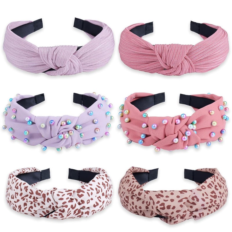 LOVNFC Womens Headbands 6Pcs Knotted Head Bands No Slip Fashion for Girls Wide Top Knot Turban Colorful Jeweled Embellished