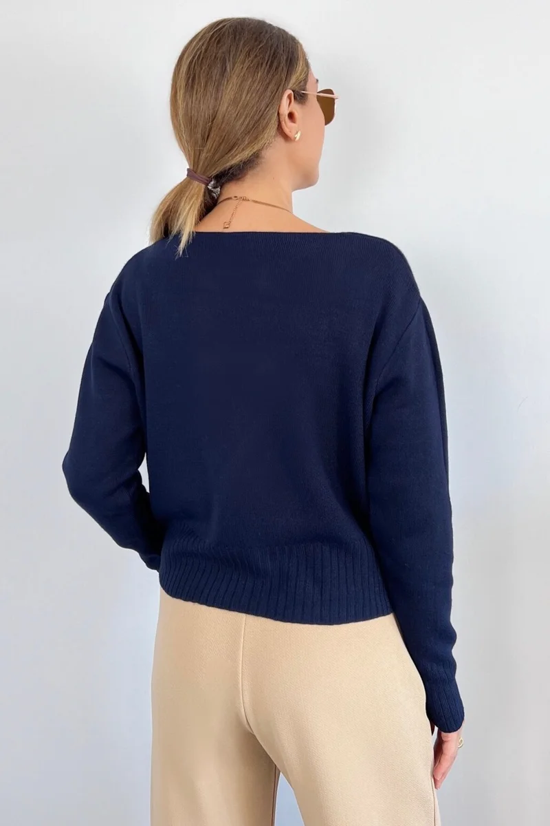Ritnice Women's Sima Gold Metal Buttoned Navy Blue Knitwear Cardigan