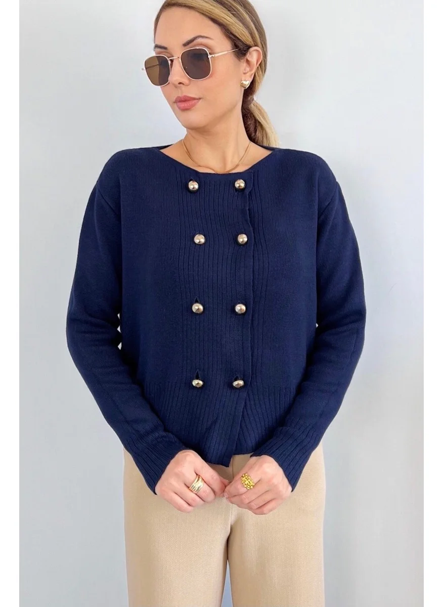 Ritnice Women's Sima Gold Metal Buttoned Navy Blue Knitwear Cardigan