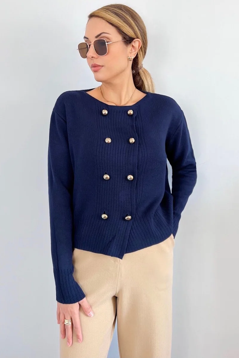 Ritnice Women's Sima Gold Metal Buttoned Navy Blue Knitwear Cardigan