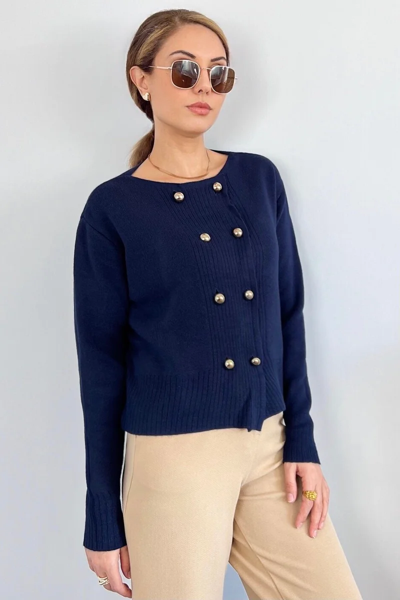 Ritnice Women's Sima Gold Metal Buttoned Navy Blue Knitwear Cardigan