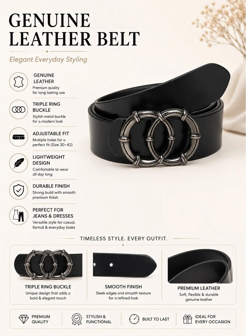 TEAKWOOD Teakwood Genuine Leather Belt for Women | Black Stylish Waist Belt | Metal Buckle | Adjustable Size 30–42 | Durable Premium Finish | Ideal for Jeans, Dresses & Trousers