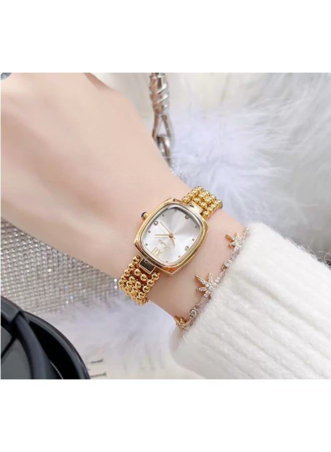 GEDI Women's Gold Square Quartz Watch, Silver Dial with Beaded Chain Strap - Luxury Fashion Watch for Elegant Daily Style