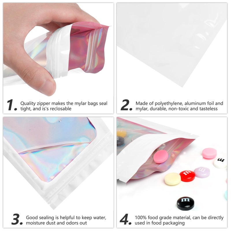 Funfery 100 pcs White Smell Proof Mylar Holographic Bags Packaging Bags,Clear Resealable Odor Proof Bag Foil Pouch Bag for Food Storage,Lipgloss,Jewelry,Eyelash Packing for Small Business(2.4x3.9In) - Image 5