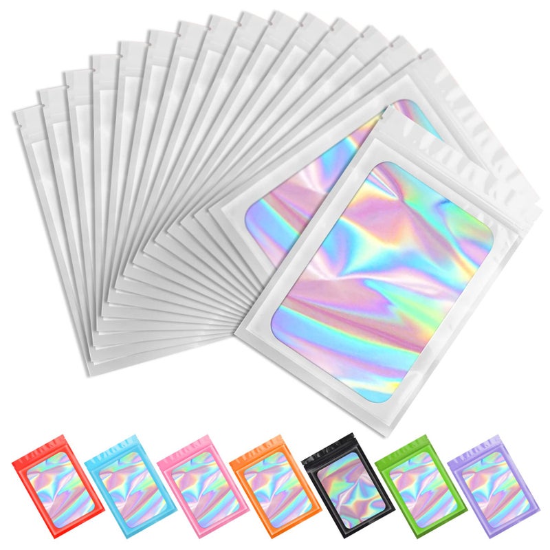 Funfery 100 pcs White Smell Proof Mylar Holographic Bags Packaging Bags,Clear Resealable Odor Proof Bag Foil Pouch Bag for Food Storage,Lipgloss,Jewelry,Eyelash Packing for Small Business(2.4x3.9In) - Image 1