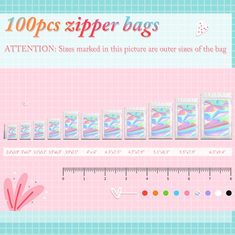 Funfery 100 pcs White Smell Proof Mylar Holographic Bags Packaging Bags,Clear Resealable Odor Proof Bag Foil Pouch Bag for Food Storage,Lipgloss,Jewelry,Eyelash Packing for Small Business(2.4x3.9In) - Image 3