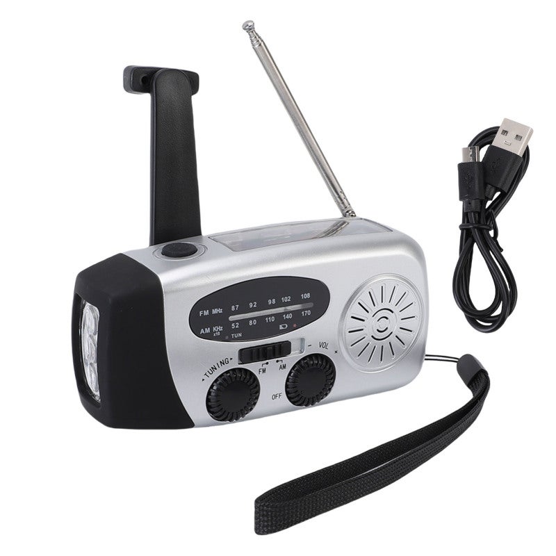Portable Emergency Radio: Silver 600mAh Multifunctional Hand Crank Solar NOAA Weather Radio - Versatile Power Options SOS Alarm LED Lights for Camping Hiking Emergency Situations - Image 1