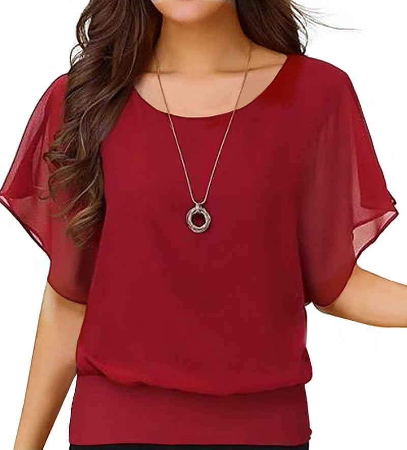 Neineiwu Women's Loose Casual Short Sleeve Chiffon Top T-Shirt Blouse (Red 2XL) - Image 1