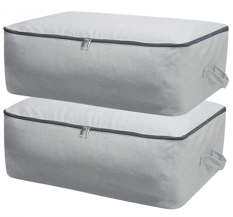Omygarden 2PCS Durable Cotton Canvas, Soft Space Save Storage Bag Wardrobe Organizer with Handle & Zipper for Beddings, Comforters, Pillows, Blankets, Clothes, 25.6×18.5×8.7inch, Light Gray - Image 1