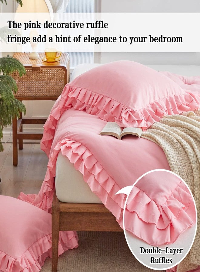 Flysheep Pink Ruffle Comforter Set Full/Queen Size, 3 Pieces (1 Ruffled Comforter and 2 Pillowcases) Farmhouse Shabby Chic Style with 2 Layers Ruffle, Solid Color Lightweight Fluffy Bedding Sets for All Season - Image 4