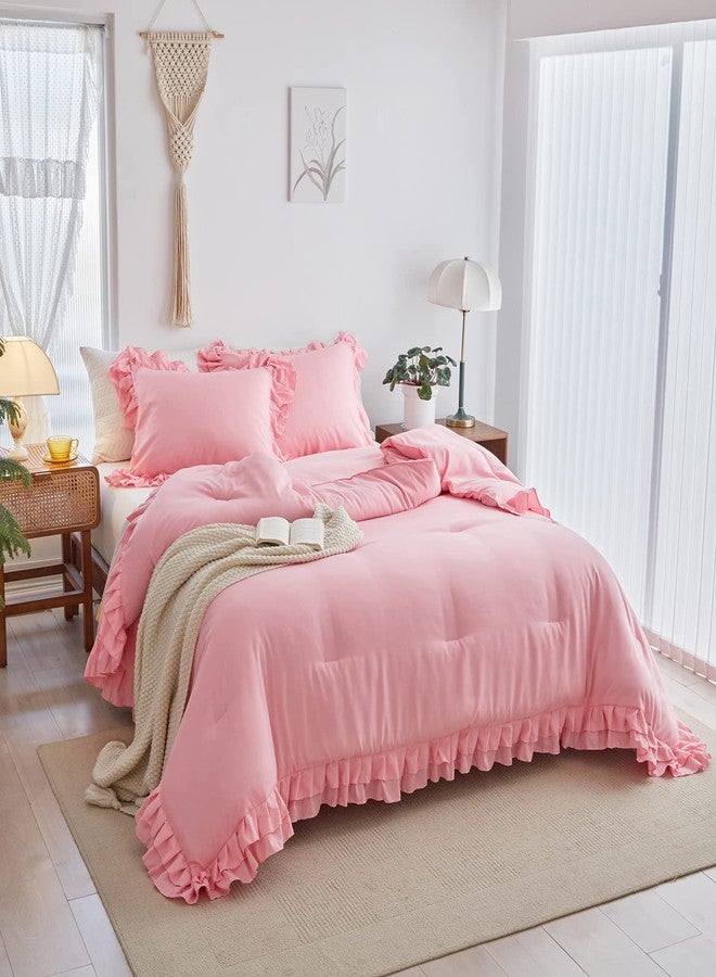 Flysheep Pink Ruffle Comforter Set Full/Queen Size, 3 Pieces (1 Ruffled Comforter and 2 Pillowcases) Farmhouse Shabby Chic Style with 2 Layers Ruffle, Solid Color Lightweight Fluffy Bedding Sets for All Season - Image 2