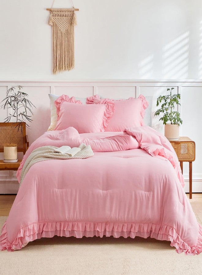 Flysheep Pink Ruffle Comforter Set Full/Queen Size, 3 Pieces (1 Ruffled Comforter and 2 Pillowcases) Farmhouse Shabby Chic Style with 2 Layers Ruffle, Solid Color Lightweight Fluffy Bedding Sets for All Season - Image 1