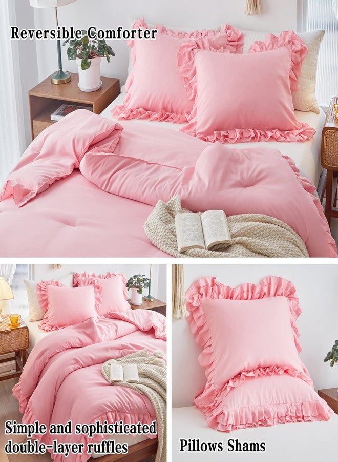 Flysheep Pink Ruffle Comforter Set Full/Queen Size, 3 Pieces (1 Ruffled Comforter and 2 Pillowcases) Farmhouse Shabby Chic Style with 2 Layers Ruffle, Solid Color Lightweight Fluffy Bedding Sets for All Season - Image 5
