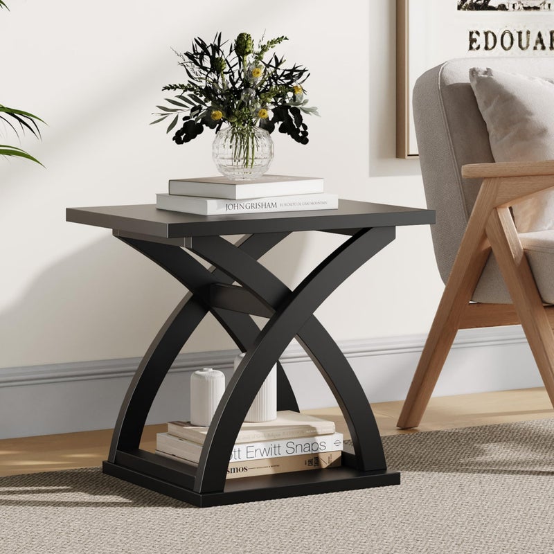 ChooChoo End Side Table, Modern End Table with Storage Shelf, X-Design Side Table Living Room (Black) - Image 1