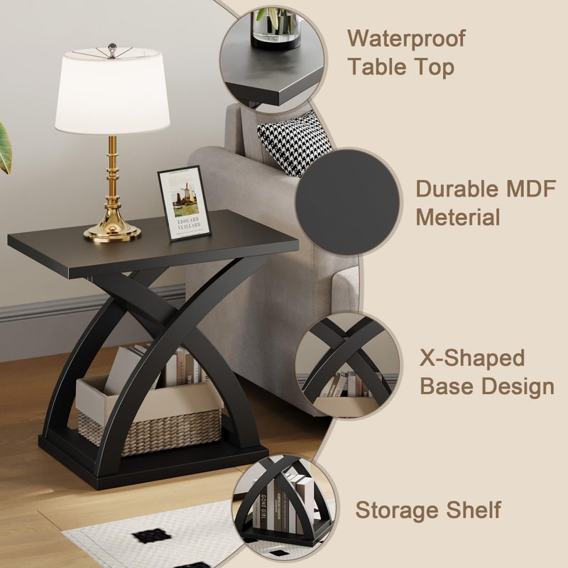 ChooChoo End Side Table, Modern End Table with Storage Shelf, X-Design Side Table Living Room (Black) - Image 2